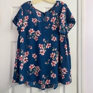 Torrid Georgette Flutter Turquoise Rose Floral Pleated Back Ruffle Sleeve